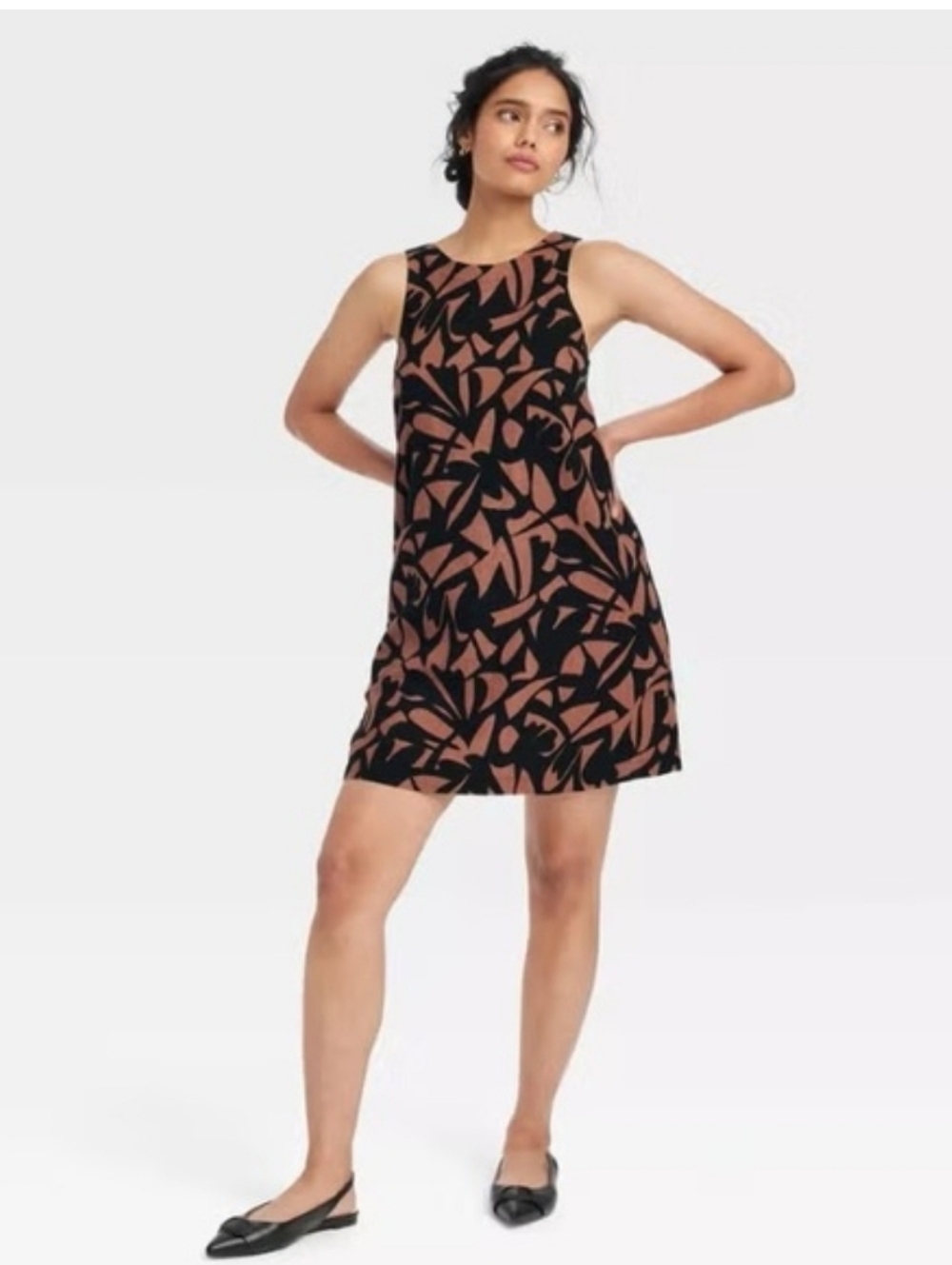 A New Day Sleeveless Abstract Linen Blend  Print Shift Dress  Fits M/L